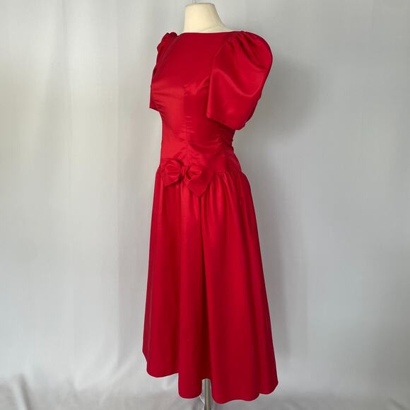 Vintage Formal Dress Size 8 Red Puff Sleeve A Line Bow Prom Romantic 80s 90s - Picture 6 of 16